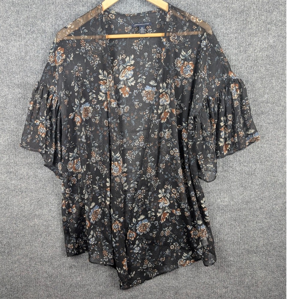 American Eagle Floral Kimono Cardigan Ruffle Sleeve Semi Sheer Boho Black XS/S